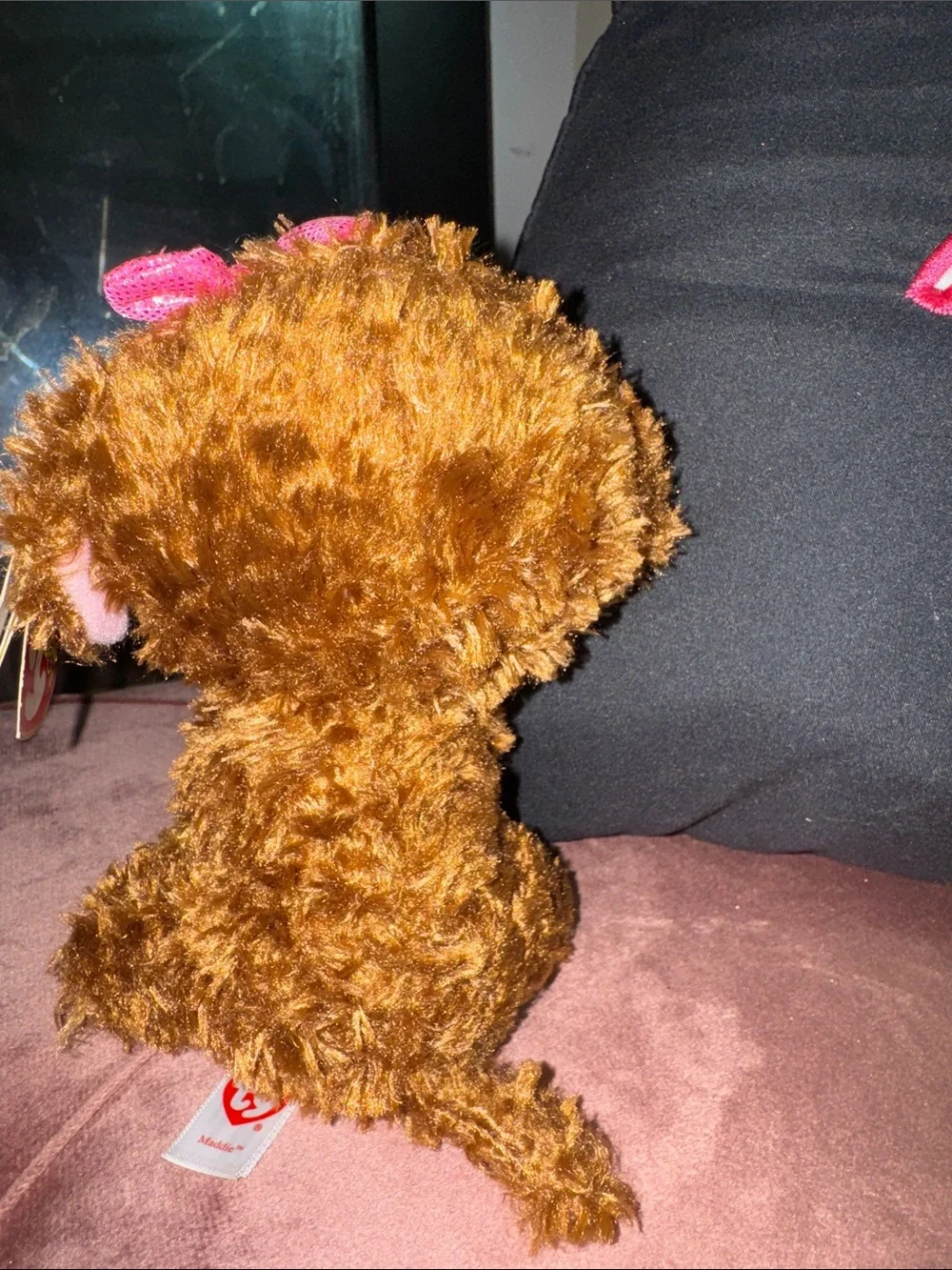 ty beanie boo maddie the brown & pink puppy dog with bow plush.